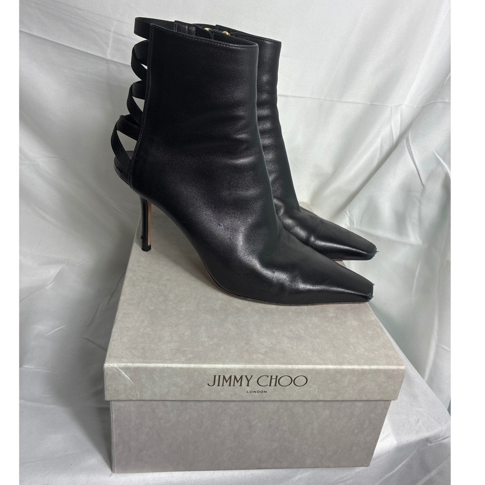 Jimmy Choo Black Leather Satin Cage Back Pointed Toe Ankle Boots Size 39‎